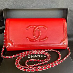 CHANEL Red Leather CC Flap Crossbody  wallet with chain